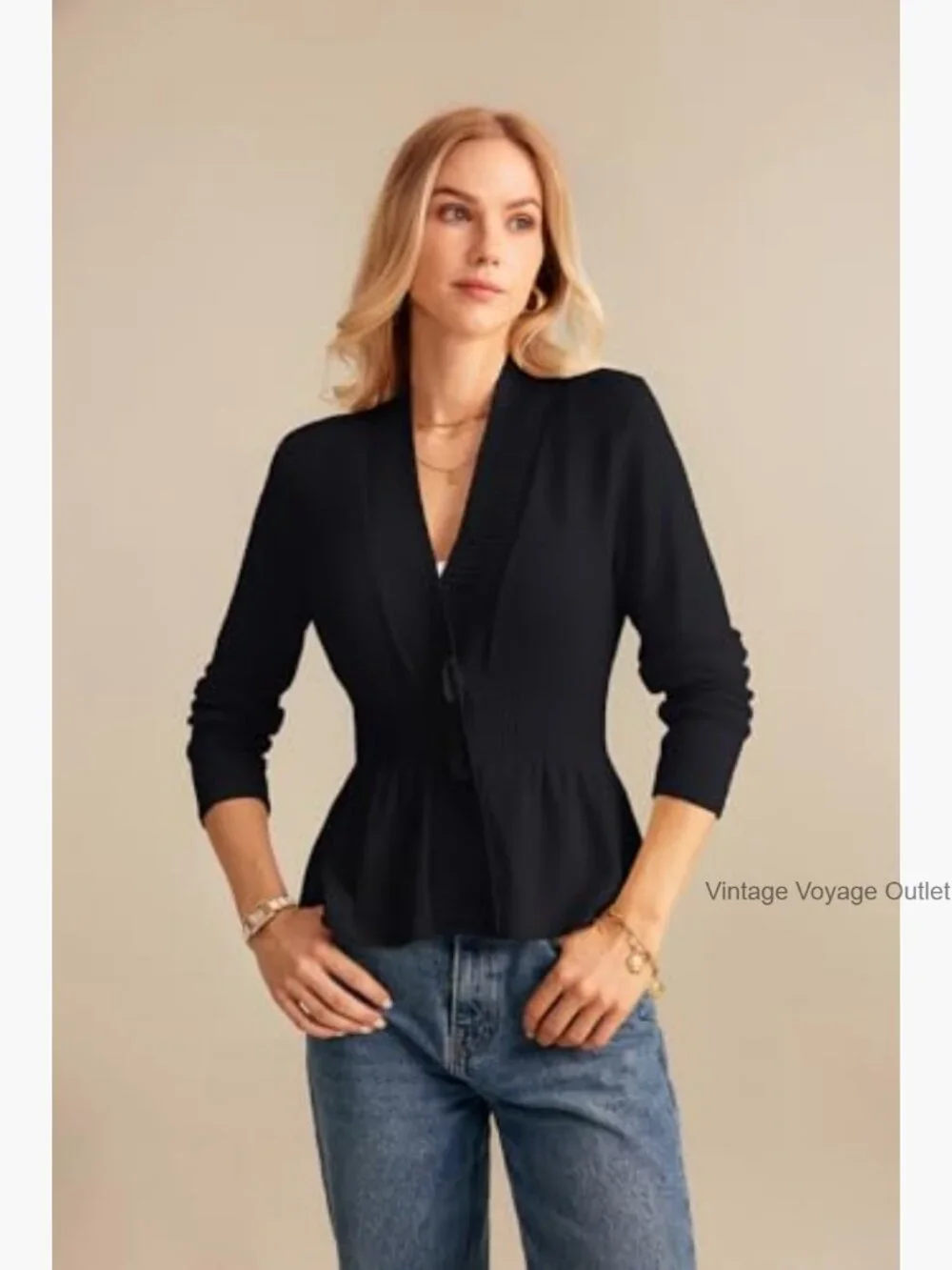 Cropped Peplum Cardigan Sweater, Long Sleeve Button Front, Lightweight Knit - Picture 2 of 7